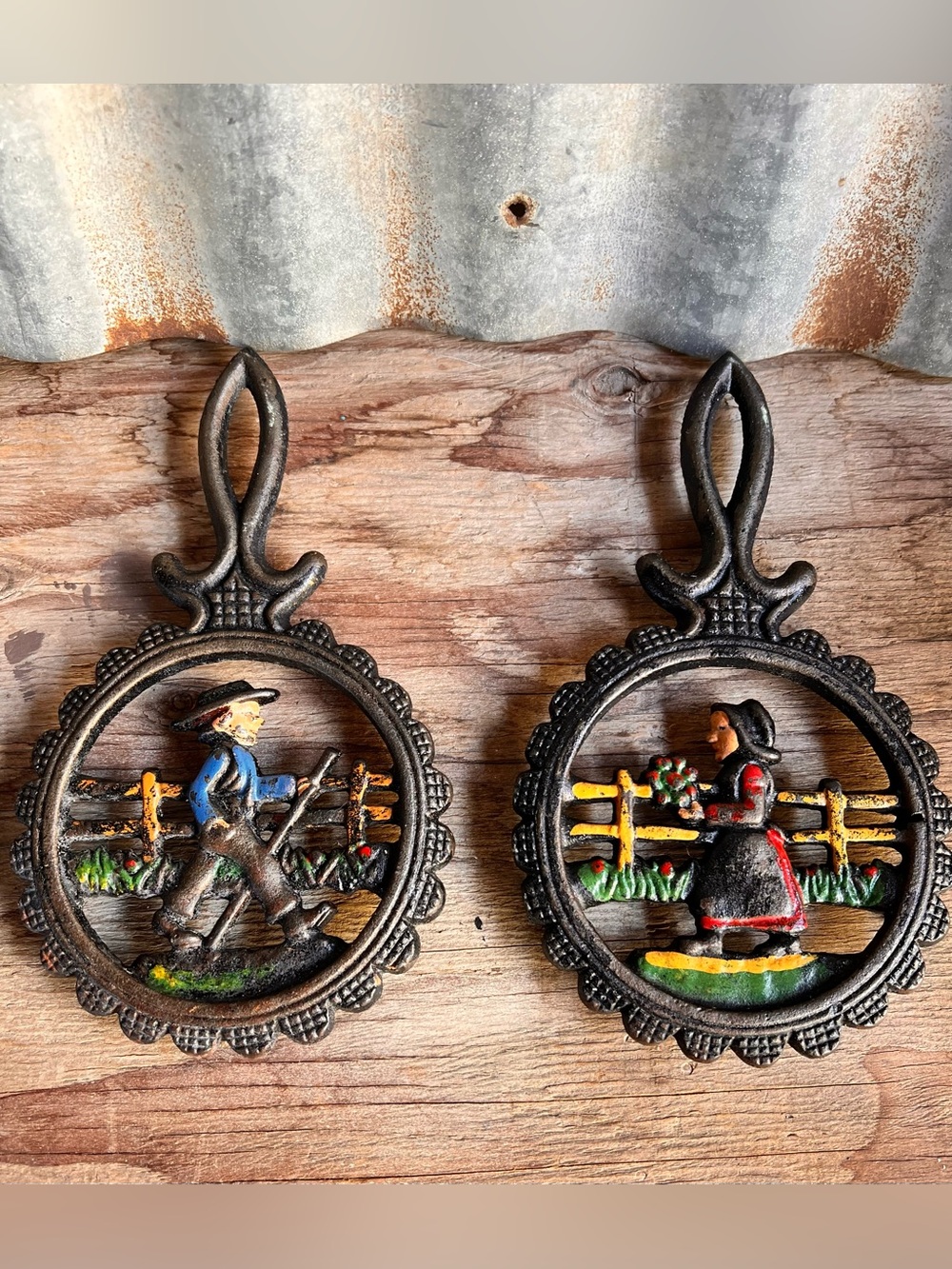 Vintage Dalecraft Cast Iron Amish Man & Woman Trivets Set - Pair of 2
